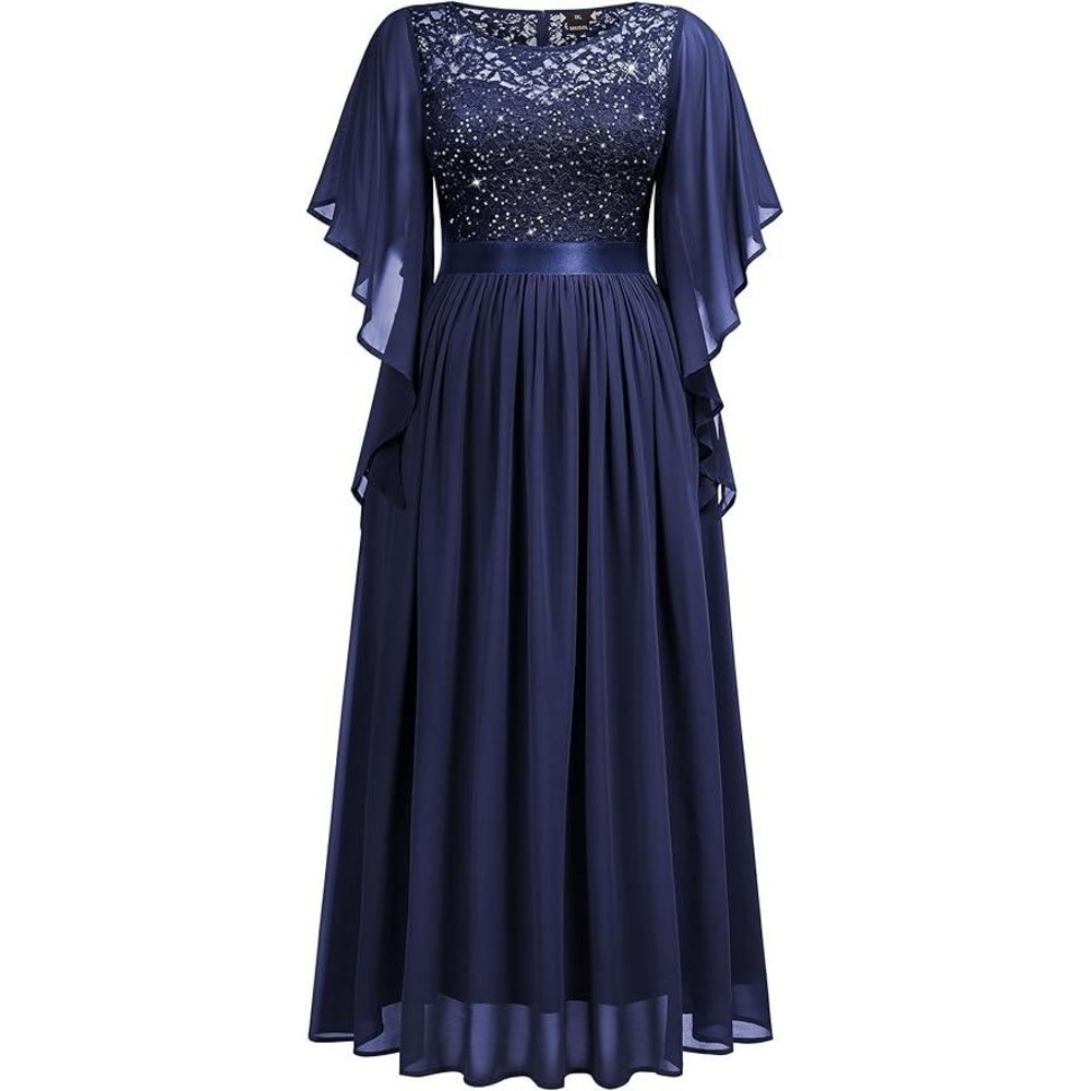 Missmay Navy Sequin Lace Chiffon Cape Sleeve Maxi Formal Dress Gown NWT 20W 4XL